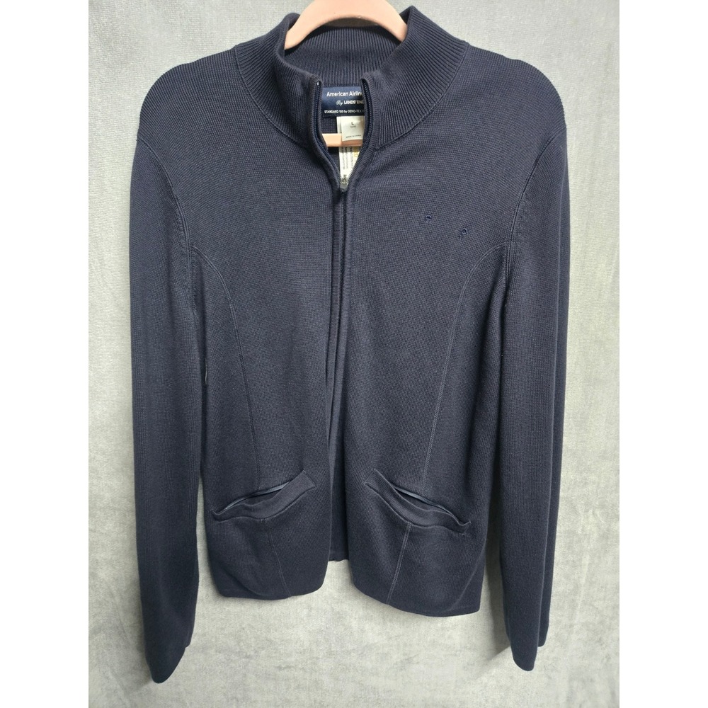 Lands' End American Airlines Navy Full Zip Mock Neck Cardigan Sweater Large